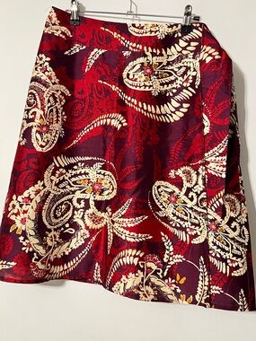 Talbots Paisley Silk A-Line Wrap Skirt Red Burgundy Cream Purple Sz 10P A0072